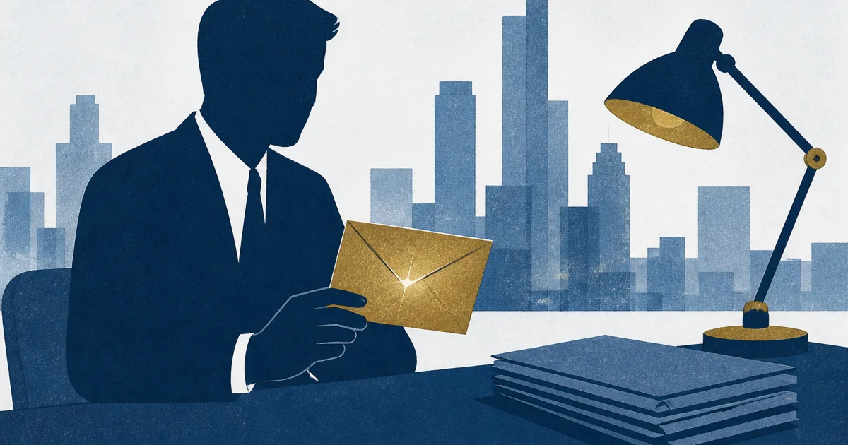 Associate attorney reviewing a year-end bonus letter at a law firm desk