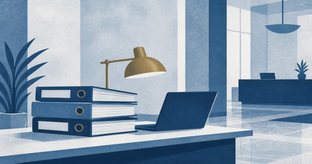 Paralegal reviewing case files at a law firm desk